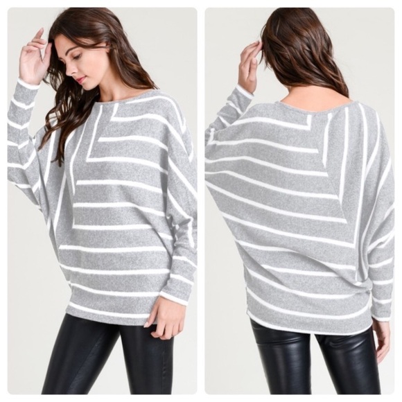 Striped gray and white top with boat neck and long sleeves. - Picture 1 of 4